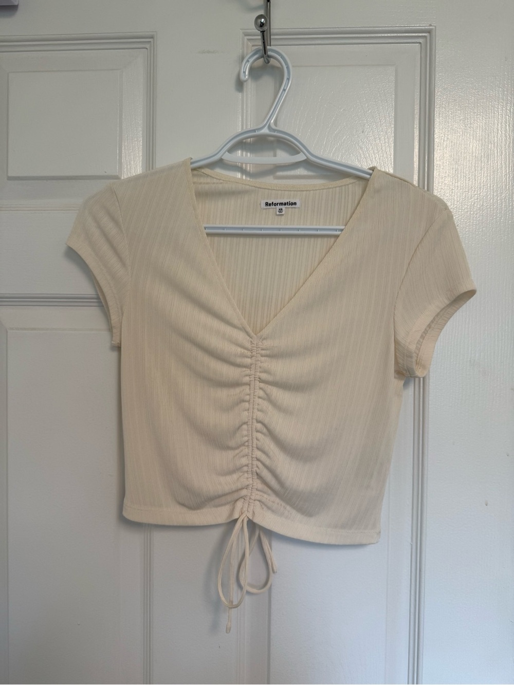 Reformation Cream Ruched V-Neck Crop Top